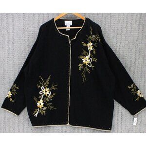 Vintage Carly St Claire Knit Cardigan Womens 3X Black Floral Embroidered 90s NWT
